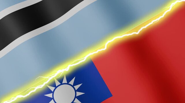 Two waving flags Botswana and Taiwan with diagonal lightning seamless, 4k loop