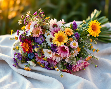 Exub&eacute;rant bouquet champ&ecirc;tre multicolore avec tournesols jaunes, roses roses et fleurs violettes et blanches, composition florale festive et joyeuse de l'&eacute;t&eacute; ensoleill&eacute;