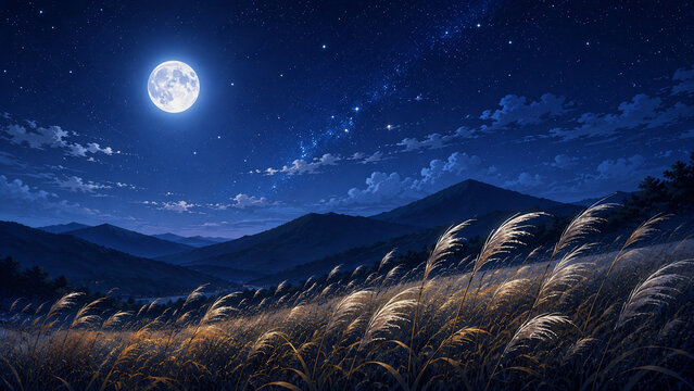 満月と天の川が輝くすすき野原 秋の山並みと星空が美しい幻想的な日本の夜景イラスト