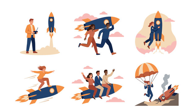 Business startup vector concept set featuring people launching rockets flying riding and parachuting safely from crash landing