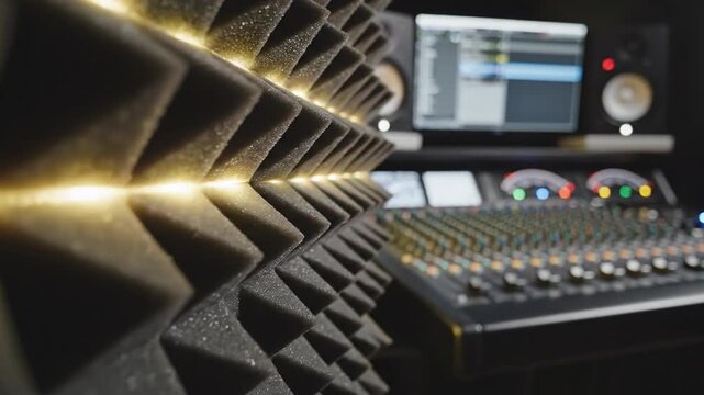 Acoustic soundproof foam panels changing colors with music beat in professional recording studio