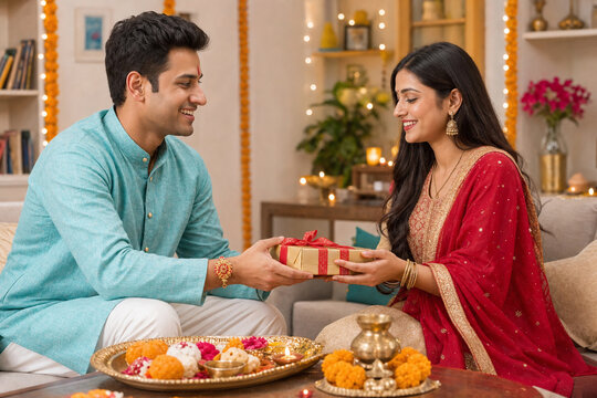 Brother giving gift to sister after Raksha Bandhan rakhi ceremony