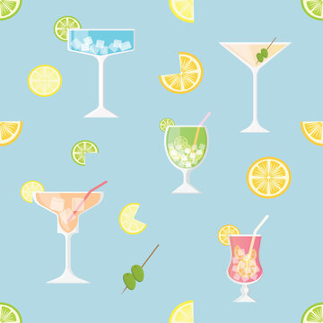Seamless pattern with cocktails, lime, limon, orange, olive on light blue background.
