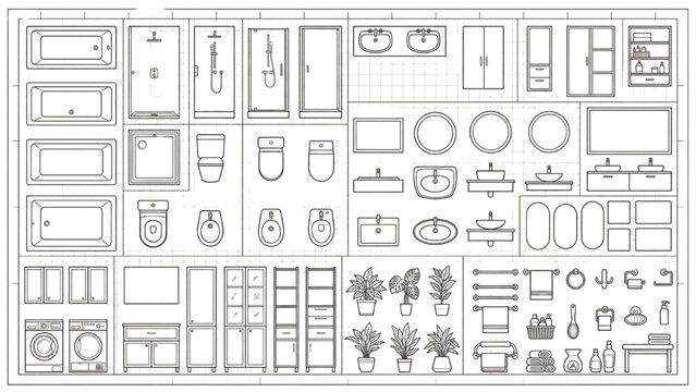 Bathroom Fixtures CAD Symbols Collection Top View Architectural Floor Plan Vector Set