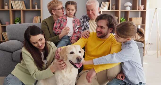 Family grandparents parents children dog bonding together. At home a gentle labrador joins play, with smiles, cuddles and real connection on the rug. Clear family love and unity concept.