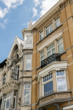 Brussels, Belgium. Historic townhouse facade with ornate architecture near the Ixelles Ponds
