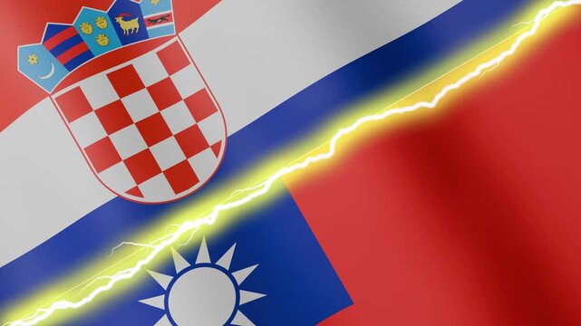 Two waving flags Croatia and Taiwan with diagonal lightning seamless, 4k loop