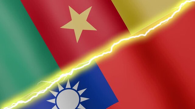 Two waving flags Cameroon and Taiwan with diagonal lightning seamless, 4k loop