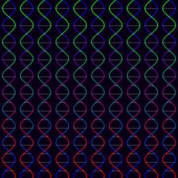 Abstract colorful DNA double helix strands seamless pattern on dark background.