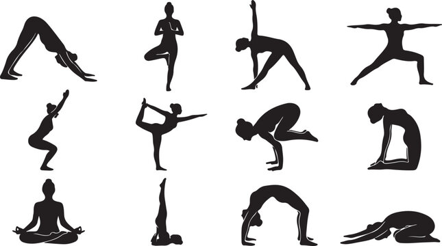 Yoga, yoga poses, black silhouettes, fitness icons, vector illustrations