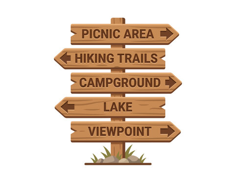 Wooden signpost with directions to picnic area, hiking trails, campground, lake, and viewpoint