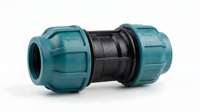 Close-up of a blue and black plastic pipe connector on a white background.