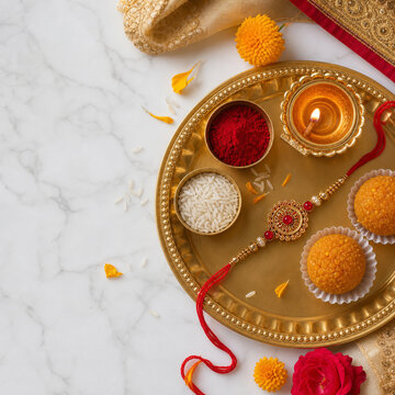 Raksha Bandhan thali with rakhi diya sweets roli and rice flat lay