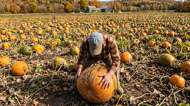 Old farmer hands rolling giant pumpkin on ground