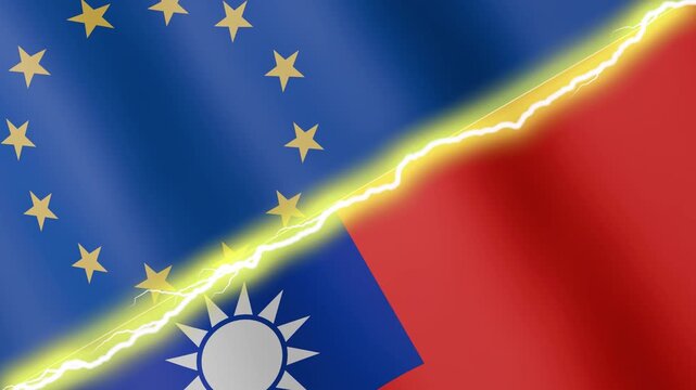 Two waving flags European Union and Taiwan with diagonal lightning seamless, 4k loop