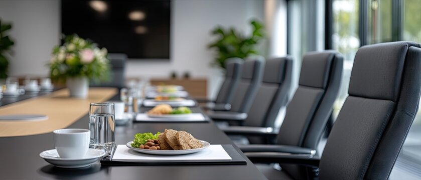 Office meeting room set up with healthy snack boxes featuring fruit, vegetables, nuts and grains before employees arrive for a corporate event