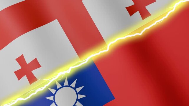 Two waving flags Georgia and Taiwan with diagonal lightning seamless, 4k loop
