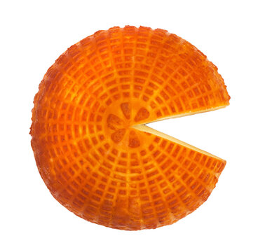 Block of fresh round homemade smoked cheese on a transparent or white background. Top view. PNG.