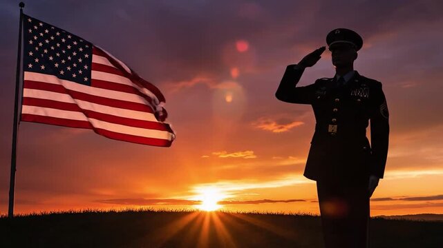 American soldier silhouette saluting the national flag against a vibrant sunset background