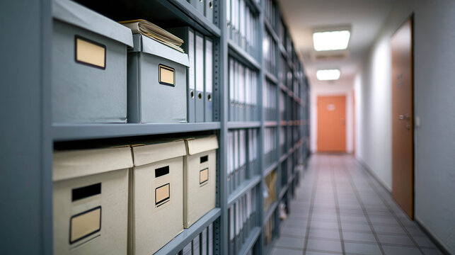 Organized archive shelves with document storage boxes and business records filing system