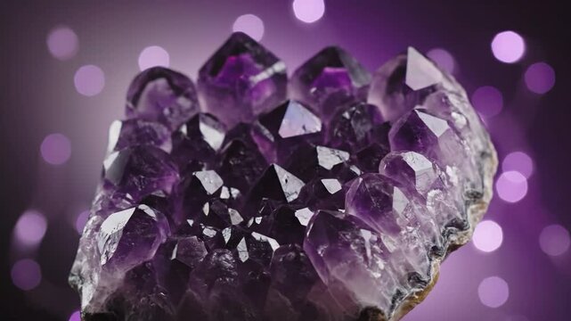 Amethyst quartz crystal cluster with sharp facets rotating against a purple bokeh background