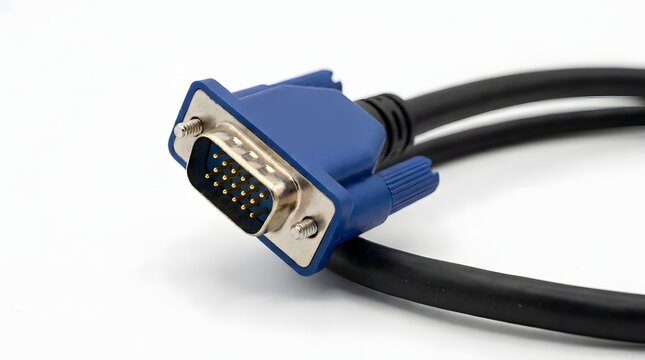Blue vga display cable connector for computer video transmission.