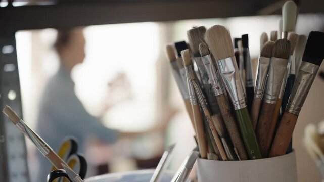 Various paintbrushes standing in a holder on a shelf in a creative workshop, with the blurred silhouette of an artist working on a canvas in the softly lit background of the studio