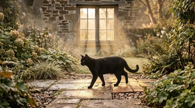 Black cat walks on cobblestone path near rustic stone house with sunny window, garden.