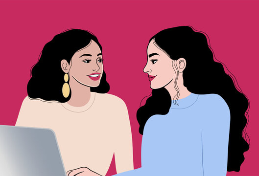 Two young diverse women working on laptop together, smiling female colleagues, remote work concept vector illustration