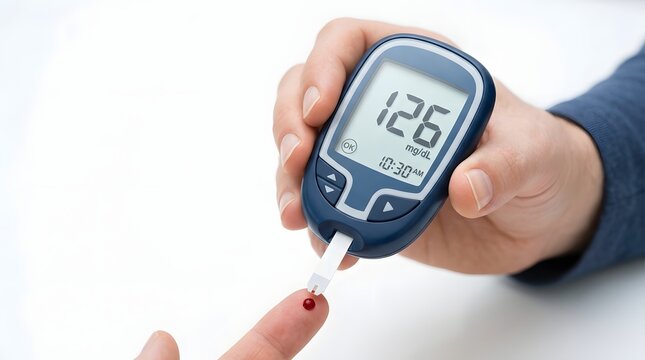 Finger prick test with digital glucose meter to monitor blood sugar levels.