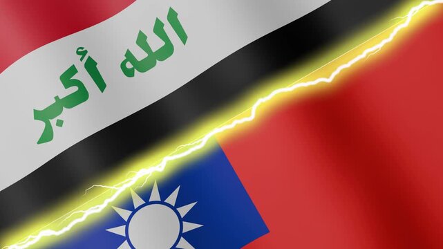 Two waving flags Iraq and Taiwan with diagonal lightning seamless, 4k loop