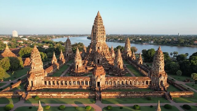 Ancient buddhist temple complex with stone towers near the river at sunset in Ayutthaya