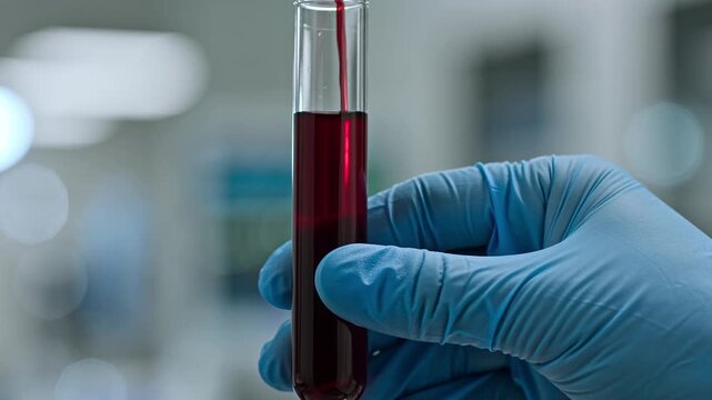 Scientist in laboratory filling a test tube with a blood sample for analysis, medical research, healthcare, biotechnology, scientific development, and dna testing