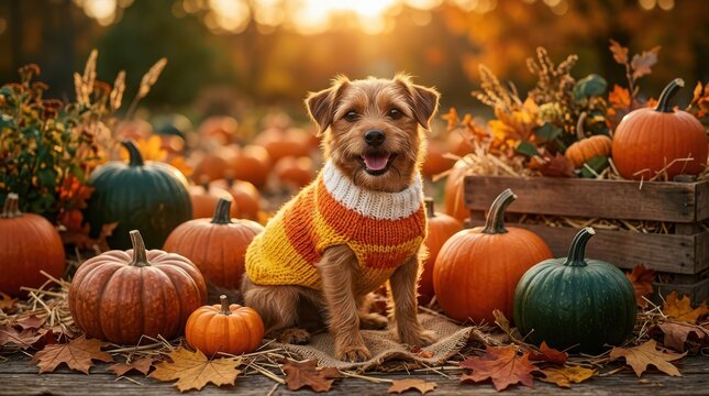 Happy dog in candy corn sweater surrounded by pumpkins and autumn leaves during sunset.