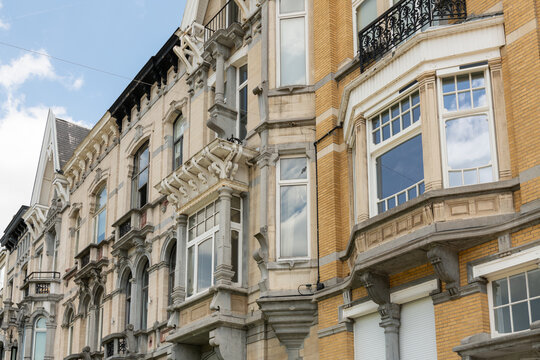 Brussels, Belgium. Historic townhouse facades with ornate architectural details near the Ixelles Ponds