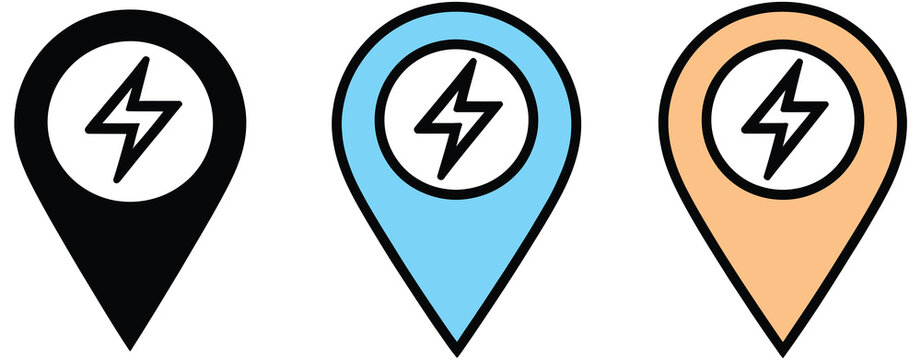 EV Charging Station Location Pin Icon Collection Representing Electric Vehicle Battery Navigation Map Marker and Sustainable Mobility Concepts Vector Designs