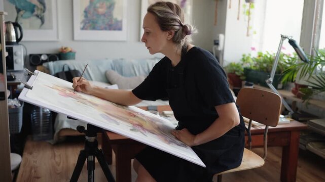 Talented woman artist concentrating on her work, sitting in a bright and cozy studio while painting a large watercolor artwork on an easel with a small brush, creating a masterpiece