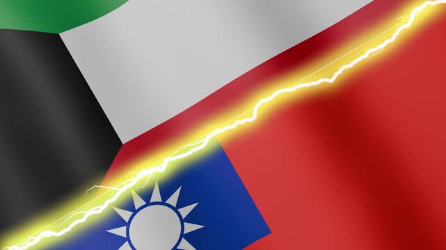 Two waving flags Kuwait and Taiwan with diagonal lightning seamless, 4k loop