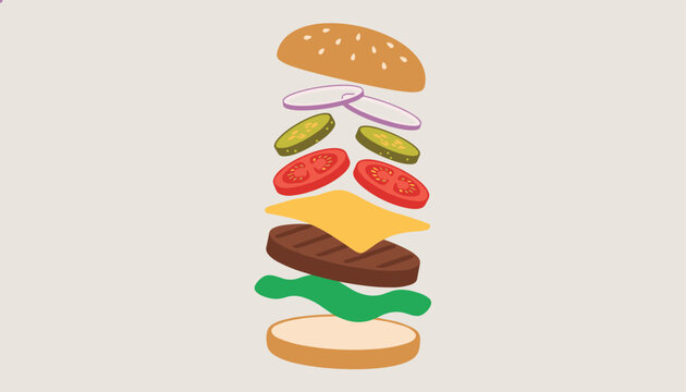Exploded view of a delicious hamburger showing all culinary layers from top bun to vegetables beef patty and cheese.
