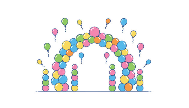 Colorful balloon arch and columns represented in cartoon style represent party decoration on white background.