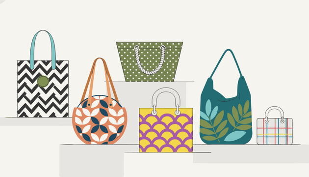 Assortment of stylish tote bags with different printed patterns displayed on shelves over a light background.