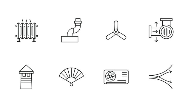 Heating ventilation and air conditioning hvac outline icons represent complete climate control on white background.