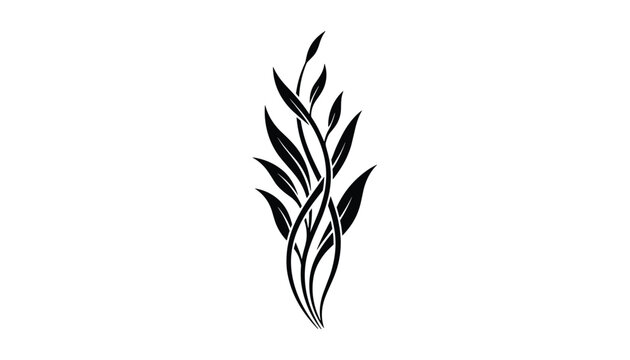 Elegant black leaf scroll branch ornament in a silhouette tattoo style represents beautiful nature on white background.