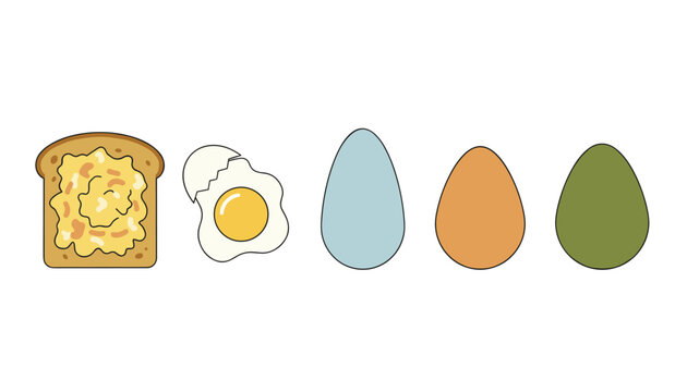 Breakfast food illustration showing scrambled eggs on toast, cracked egg with yolk, and three colored easter eggs in a row.