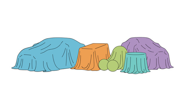 Mystery reveal concept showing several objects hidden underneath colorful drapes of blue, orange, green, and purple fabrics.