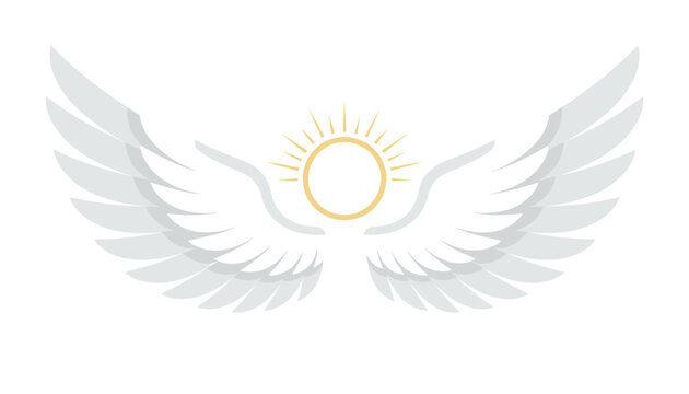 Majestic white angel wings spread wide with a golden halo and radial light rays shining brightly in the center.