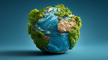 Fototapeta premium Conceptual globe model covered in green moss representing ecology and environmental