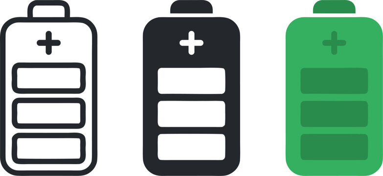 Set of three battery icons showing different charge levels and styles for user interface design and mobile application development