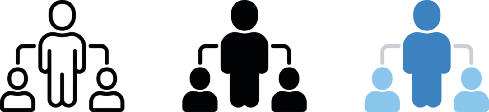 Set of organizational structure icons showing leader and team members in line art solid and flat blue styles for business management