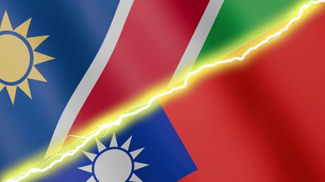 Two waving flags Namibia and Taiwan with diagonal lightning seamless, 4k loop